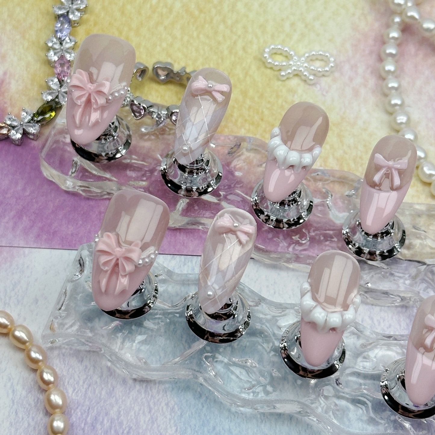 Blush Bow | Handmade Press-On Nails | Style No. A011 | Soft Pink, 3D Bow & Pearl Design, Reusable Nail Set