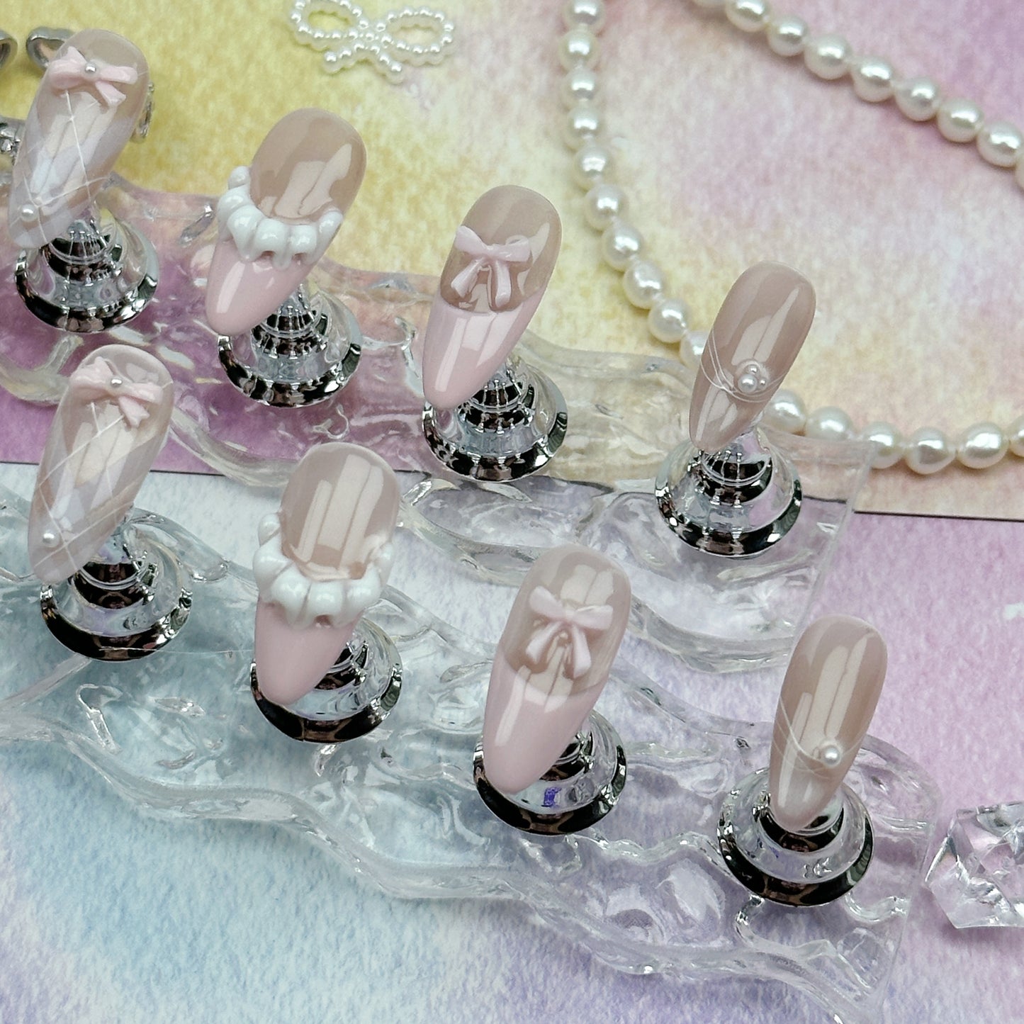 Blush Bow | Handmade Press-On Nails | Style No. A011 | Soft Pink, 3D Bow & Pearl Design, Reusable Nail Set