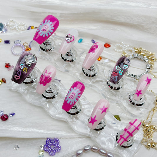 Barbiecore Pop | Handmade Press-On Nails | Style No. G082 | Hot Pink & Nude, Graphic Hearts & Stars, Reusable Y2K-Inspired Nail Set