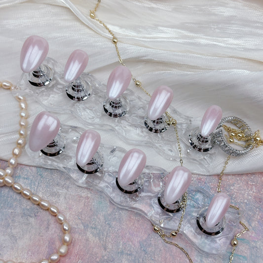 Bare Pearl | Handmade Press-On Nails | Style No. A034 | Nude Pink Gloss, Minimalist Pearl Shine, Reusable Everyday Nail Set