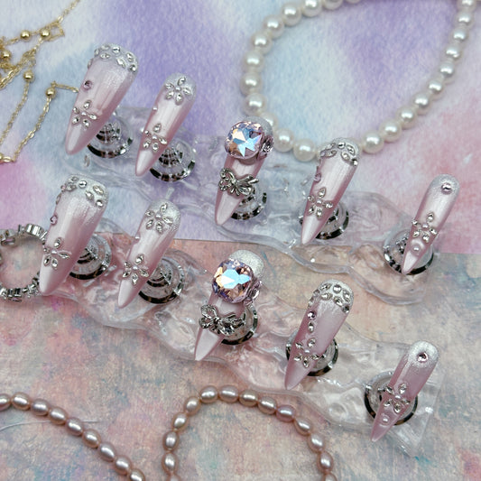 Crystal Stiletto | Handmade Press-On Nails | Style No. A018 | Pink Chrome, Rhinestone Embellishments, Reusable Long Nail Set