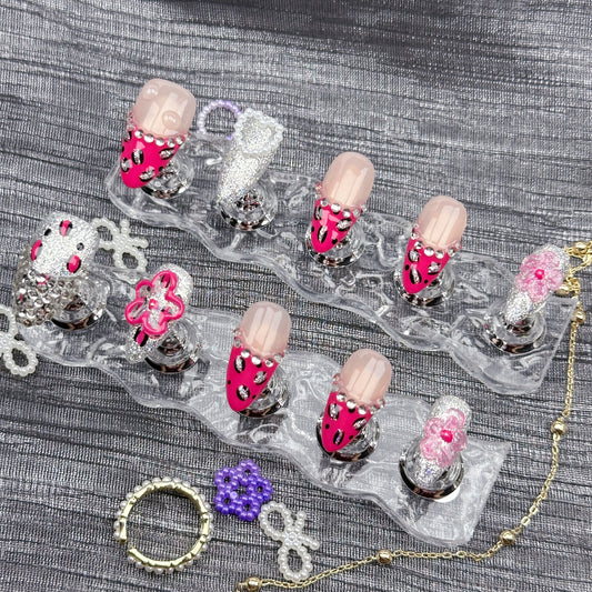 Fierce Spark | Handmade Press-On Nails | Style No. G018| Red Leopard Print, Silver Glitter & Gem Accents, Reusable Glam Nail Set