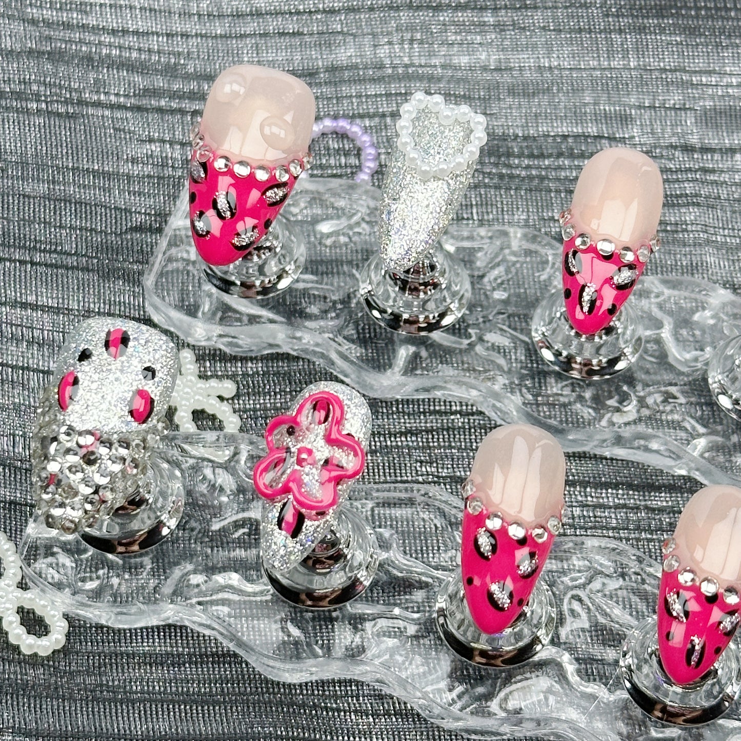 Fierce Spark | Handmade Press-On Nails | Style No. G018| Red Leopard Print, Silver Glitter & Gem Accents, Reusable Glam Nail Set