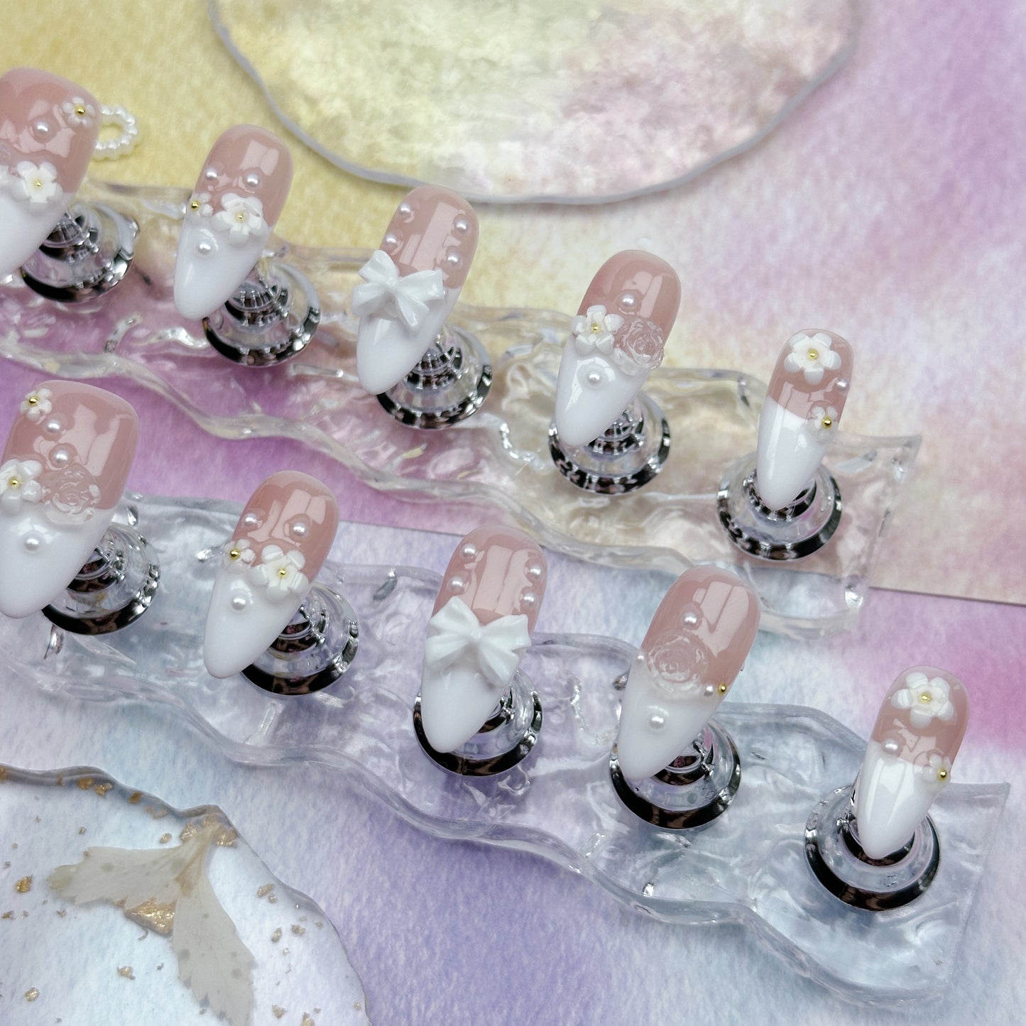 Daisy Lace | Handmade Press-On Nails | Style No. A017 | French Tip, 3D Flowers & Bow Accents, Reusable Nail Set