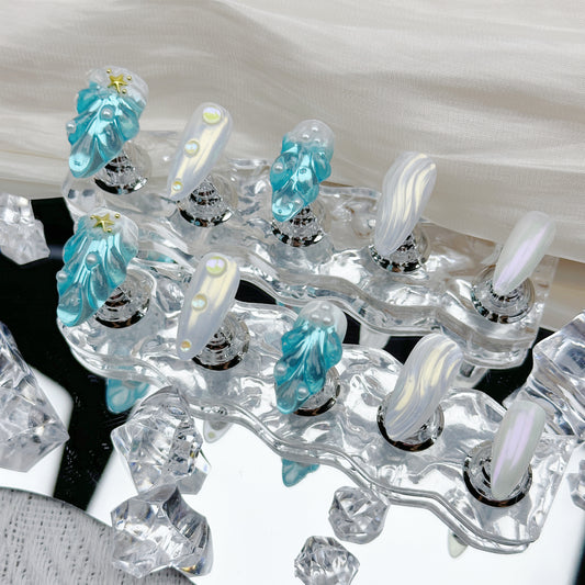 Frozen Pearl | Handmade Press-On Nails | Style No. A028 | 3D Blue Sculpted Charms, Iridescent White Shell Finish, Reusable Nail Set