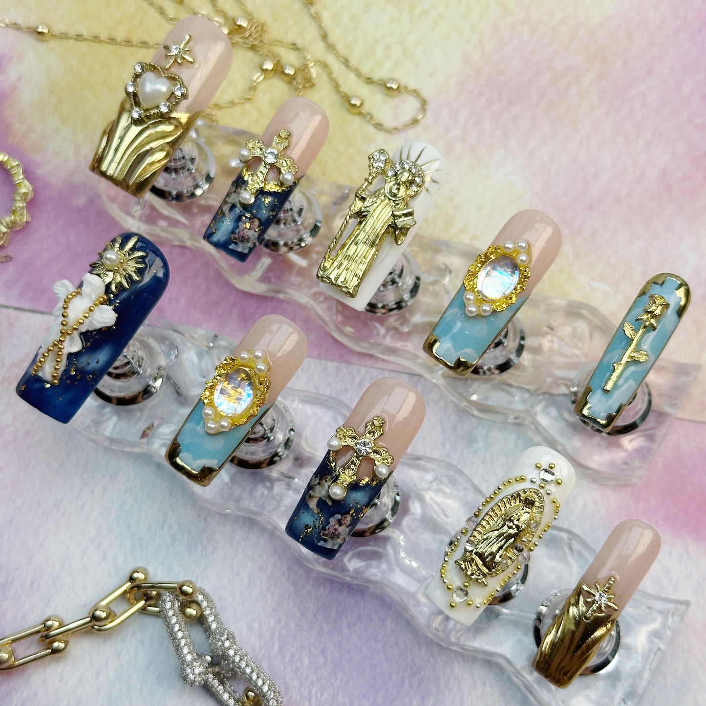 Divine Icons | Handmade Press-On Nails | Style No. A039| Gold Religious Charms, Marble Blue Base & Cross Embellishments, Reusable Statement Nail Set