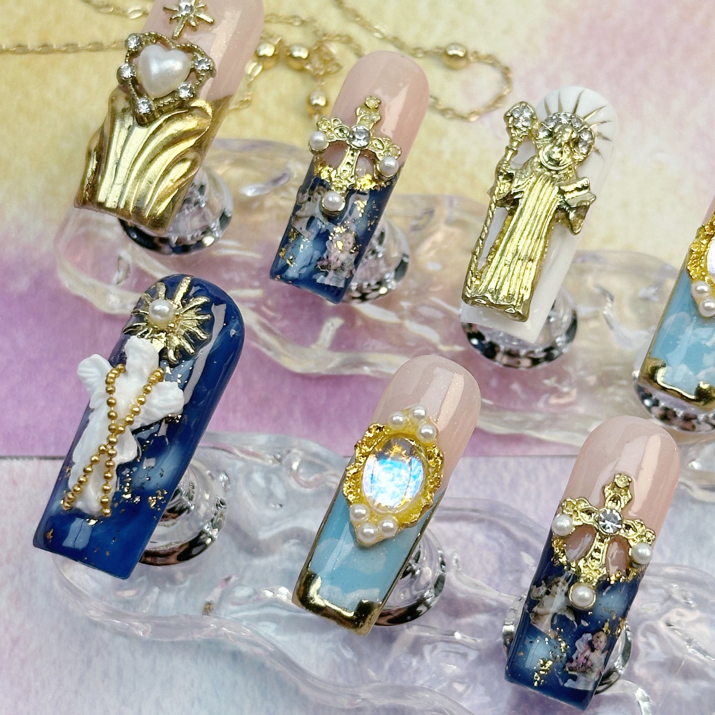 Divine Icons | Handmade Press-On Nails | Style No. A039| Gold Religious Charms, Marble Blue Base & Cross Embellishments, Reusable Statement Nail Set