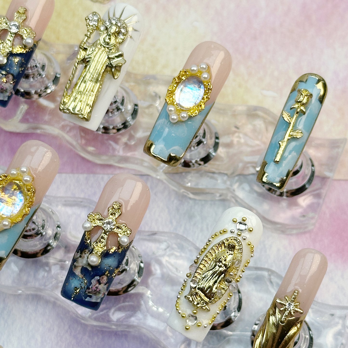 Divine Icons | Handmade Press-On Nails | Style No. A039| Gold Religious Charms, Marble Blue Base & Cross Embellishments, Reusable Statement Nail Set
