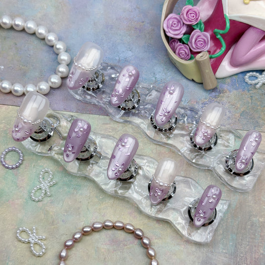 Lavender Jelly | Handmade Press-On Nails | Style No. A016 | Sheer Purple Gloss, Pearl Accents, Reusable Nail Set