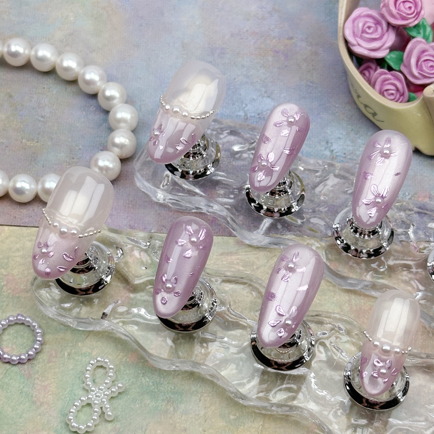 Lavender Jelly | Handmade Press-On Nails | Style No. A016 | Sheer Purple Gloss, Pearl Accents, Reusable Nail Set