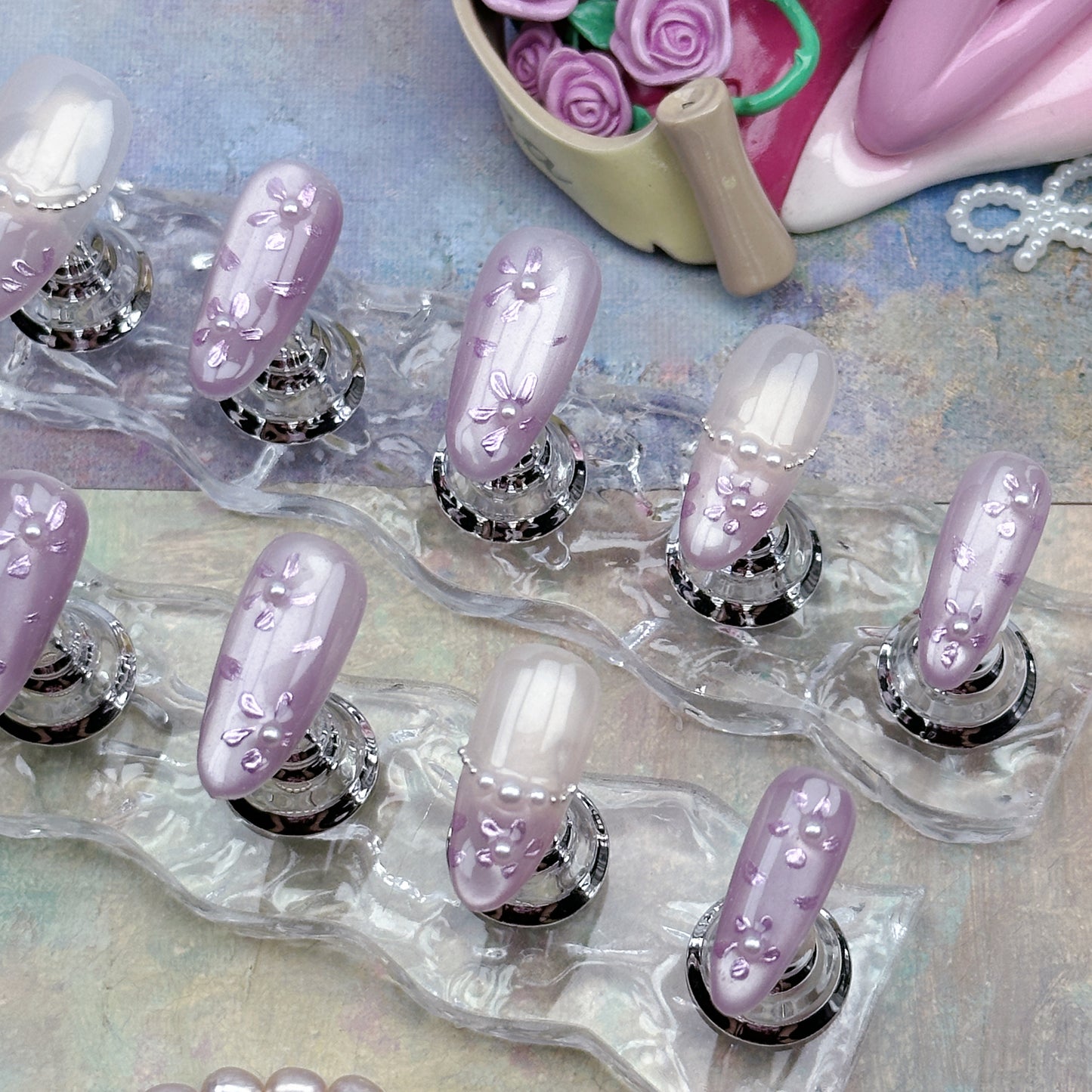 Lavender Jelly | Handmade Press-On Nails | Style No. A016 | Sheer Purple Gloss, Pearl Accents, Reusable Nail Set