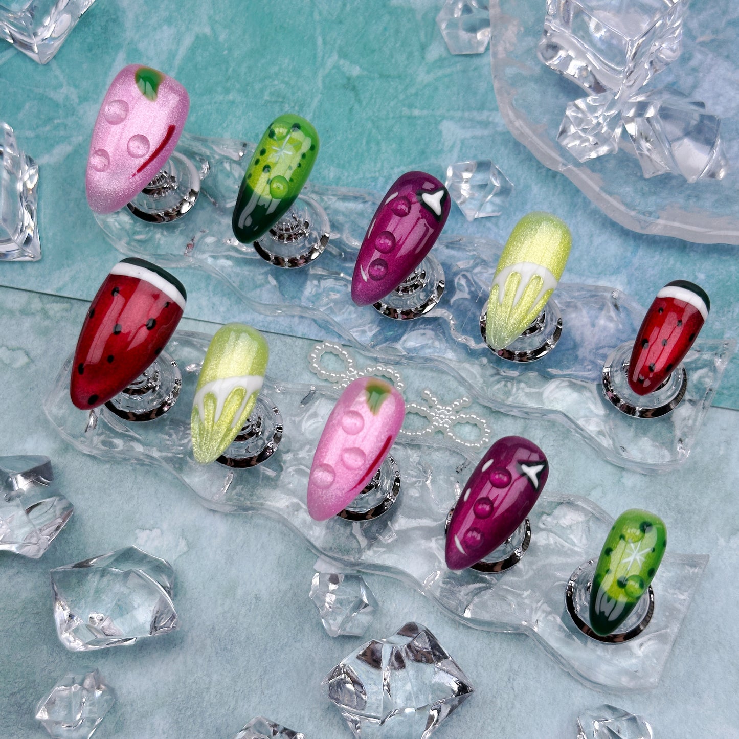 Fruit Pop | Handmade Press-On Nails | Style No. A019 | Mixed Fruit Design, Kawaii Aesthetic, Reusable Nail Set