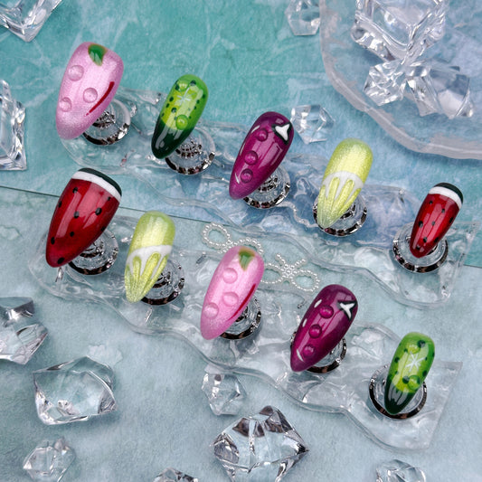 Fruit Pop | Handmade Press-On Nails | Style No. A019 | Mixed Fruit Design, Kawaii Aesthetic, Reusable Nail Set