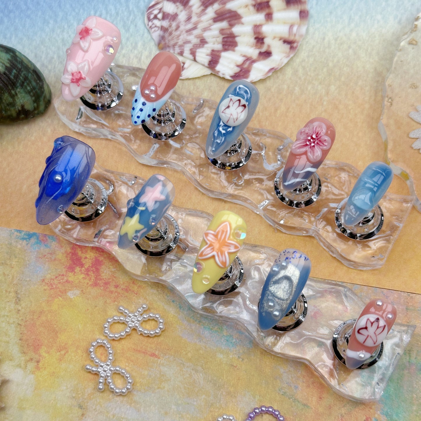 Island Carnival | Handmade Press-On Nails | Style No. A009 | Colorful Floral Design, Beach Vibes, Reusable Nail Set