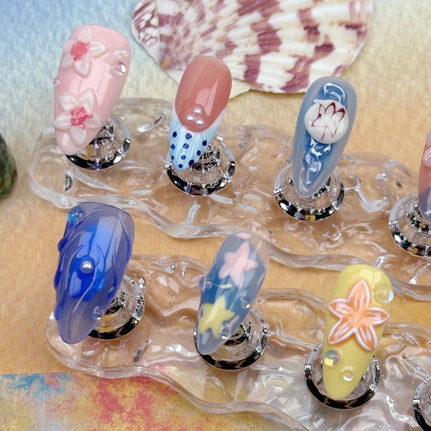 Island Carnival | Handmade Press-On Nails | Style No. A009 | Colorful Floral Design, Beach Vibes, Reusable Nail Set