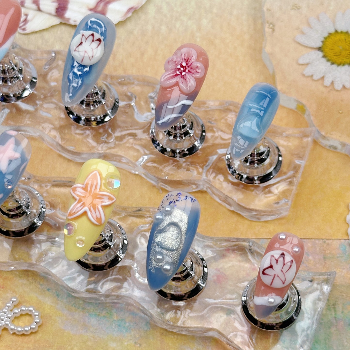 Island Carnival | Handmade Press-On Nails | Style No. A009 | Colorful Floral Design, Beach Vibes, Reusable Nail Set