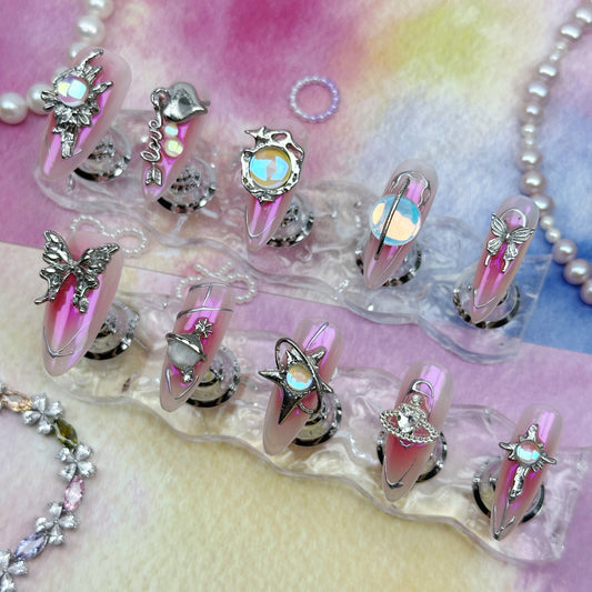 Galaxy Charm | Handmade Press-On Nails | Style No. A036 | Pink Chrome Base, 3D Butterfly & Planet Charms, Reusable Fantasy Nail Set