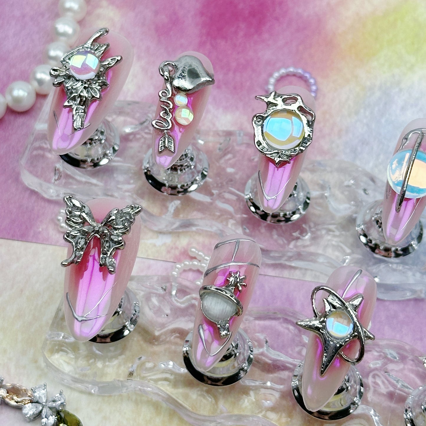 Galaxy Charm | Handmade Press-On Nails | Style No. A036 | Pink Chrome Base, 3D Butterfly & Planet Charms, Reusable Fantasy Nail Set