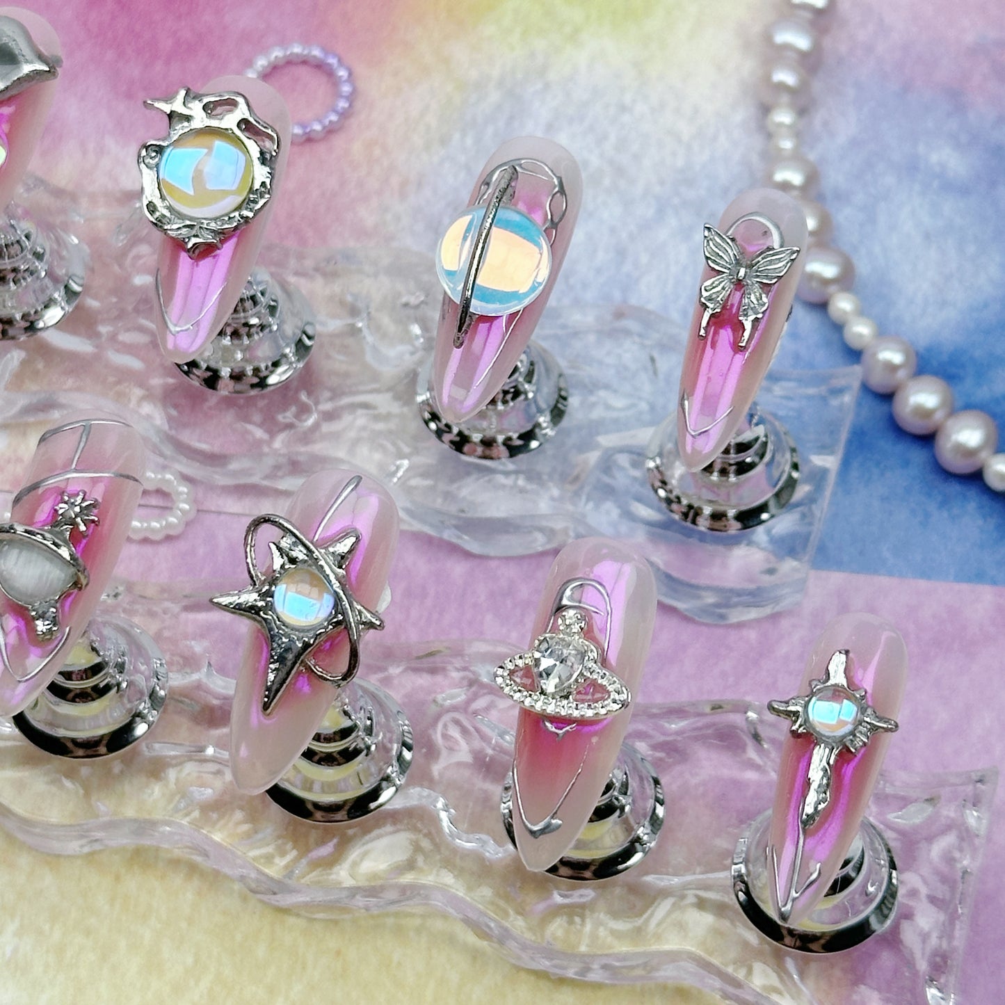 Galaxy Charm | Handmade Press-On Nails | Style No. A036 | Pink Chrome Base, 3D Butterfly & Planet Charms, Reusable Fantasy Nail Set