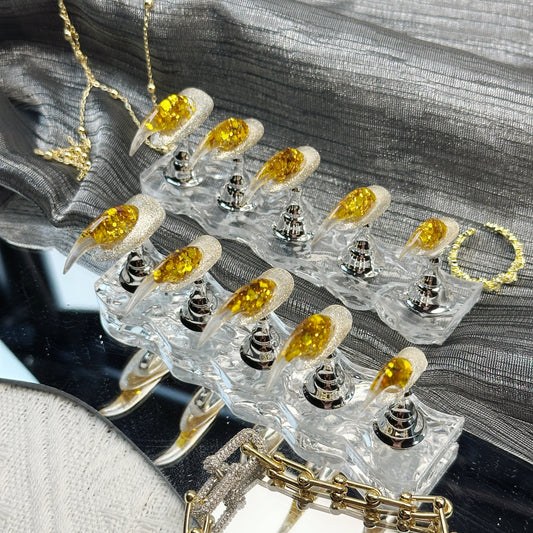 Golden Drip | Handmade Press-On Nails | Style No. A037| Clear Stiletto Tips, Gold Foil Glitter Gradient, Reusable Party Nail Set