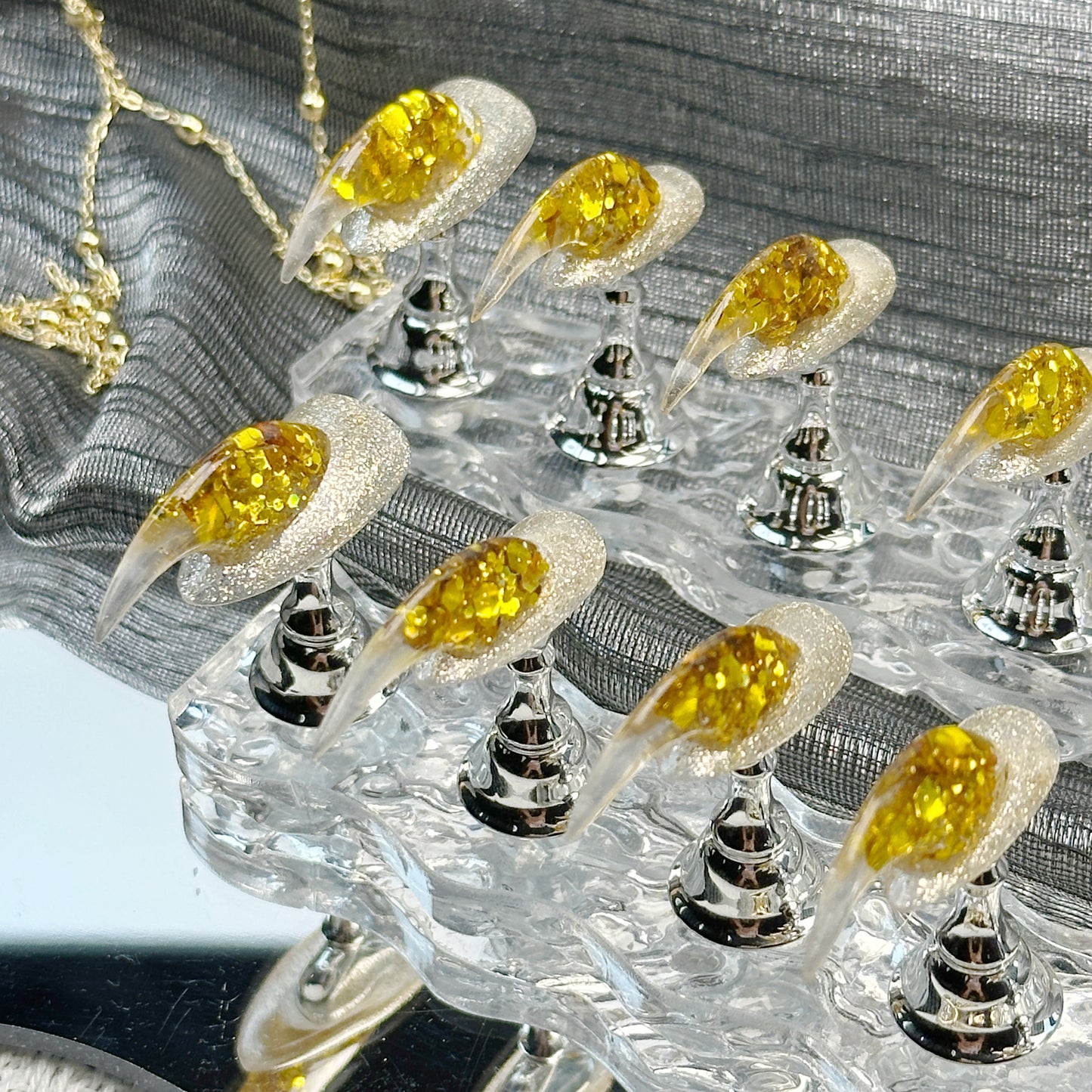 Golden Drip | Handmade Press-On Nails | Style No. A037| Clear Stiletto Tips, Gold Foil Glitter Gradient, Reusable Party Nail Set