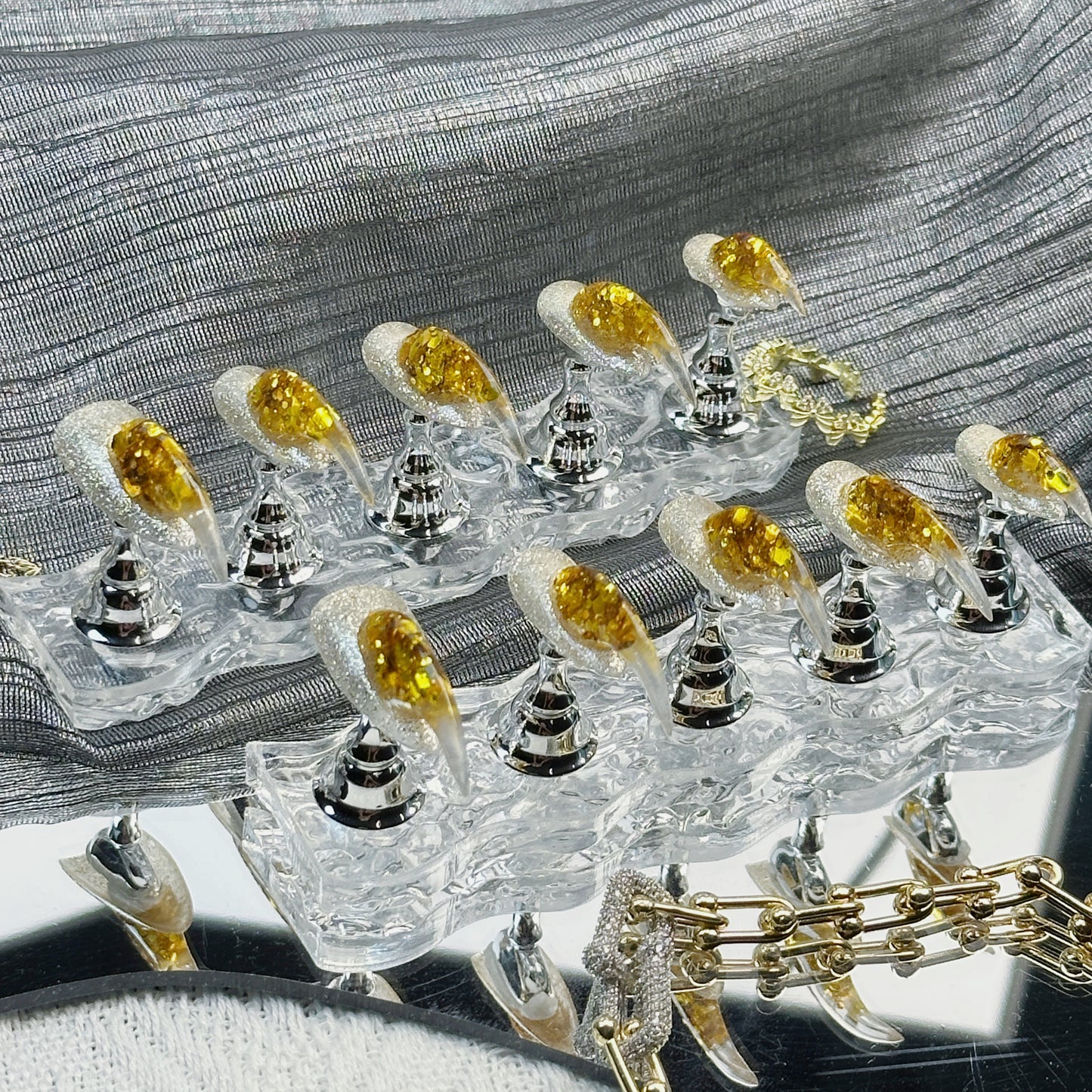 Golden Drip | Handmade Press-On Nails | Style No. A037| Clear Stiletto Tips, Gold Foil Glitter Gradient, Reusable Party Nail Set