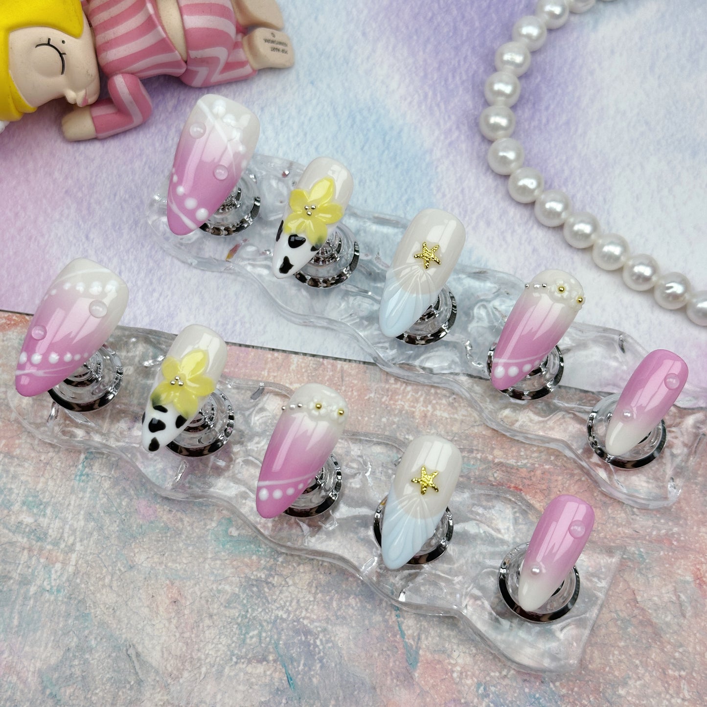 Pastel Blossom | Handmade Press-On Nails | Style No. A003 | Soft Gradient, Floral Design, Reusable Nails