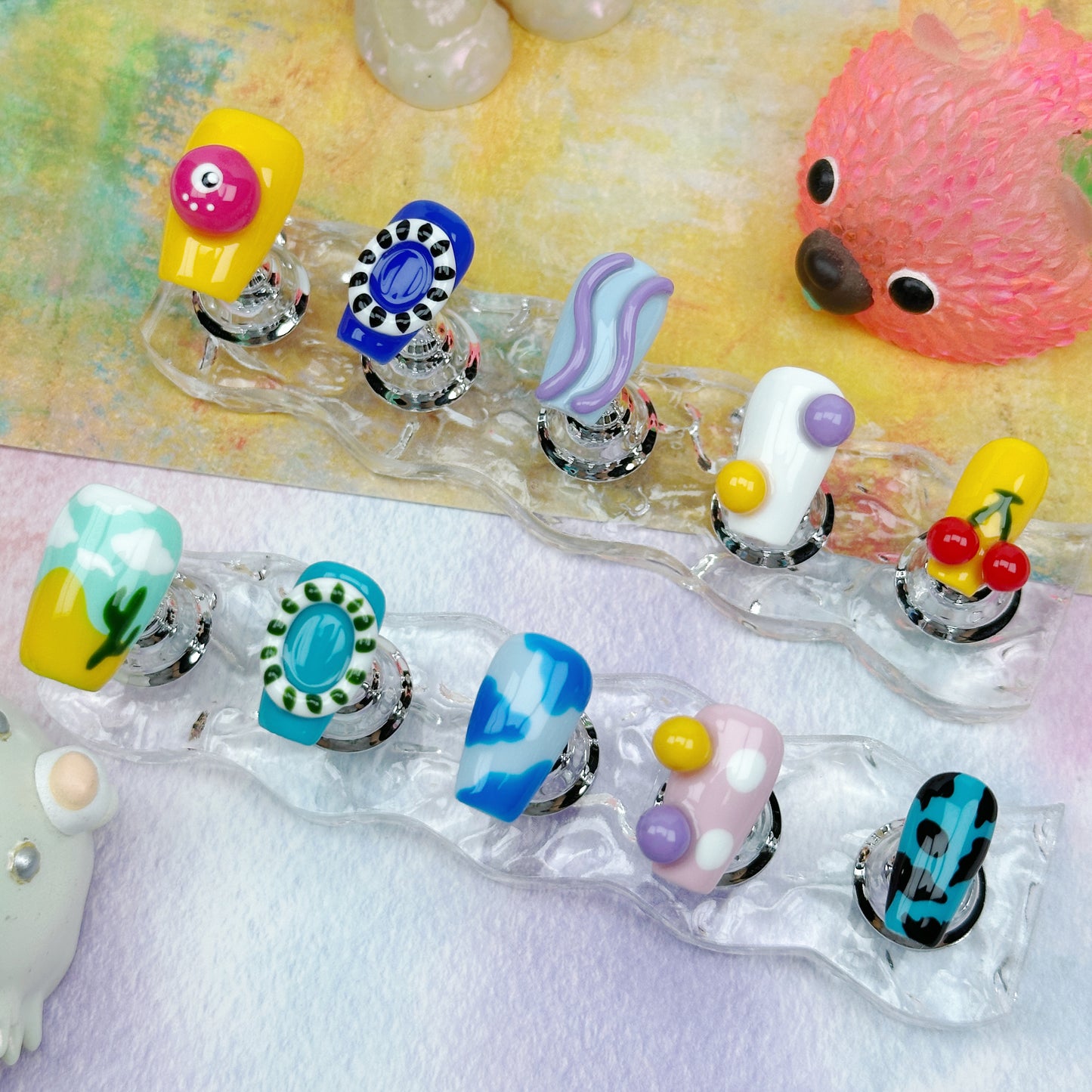 Candyland Dreams | Handmade Press-On Nails | Style No. L025| Colorful Abstract Icons, 3D Cartoon Charms, Reusable Artistic Nail Set