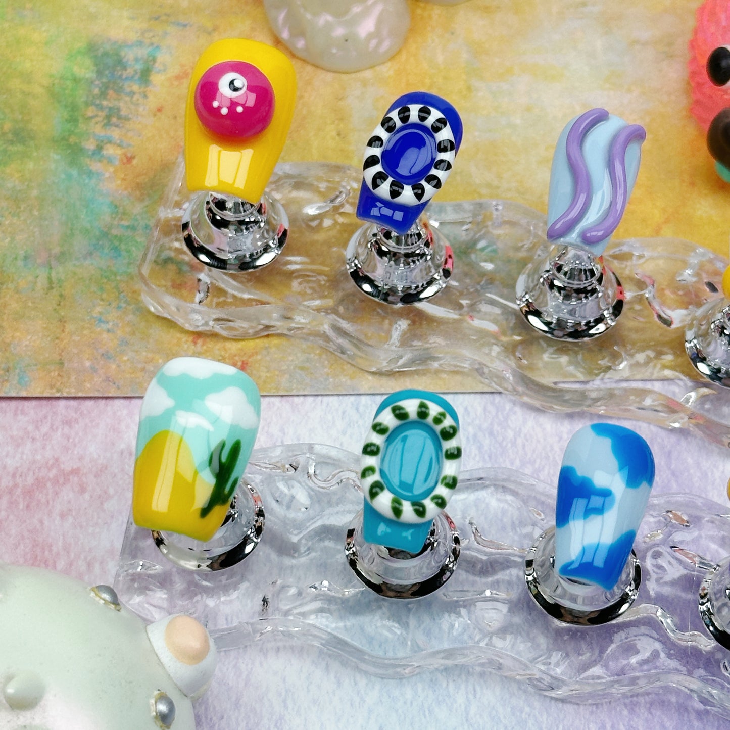 Candyland Dreams | Handmade Press-On Nails | Style No. L025| Colorful Abstract Icons, 3D Cartoon Charms, Reusable Artistic Nail Set