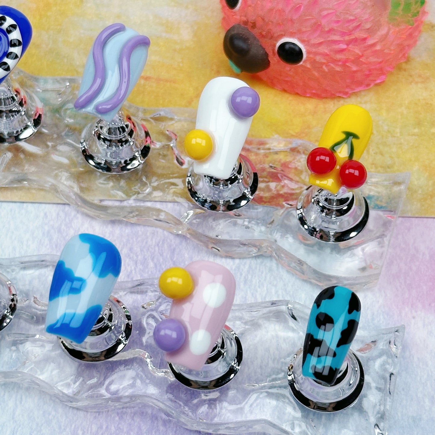 Candyland Dreams | Handmade Press-On Nails | Style No. L025| Colorful Abstract Icons, 3D Cartoon Charms, Reusable Artistic Nail Set