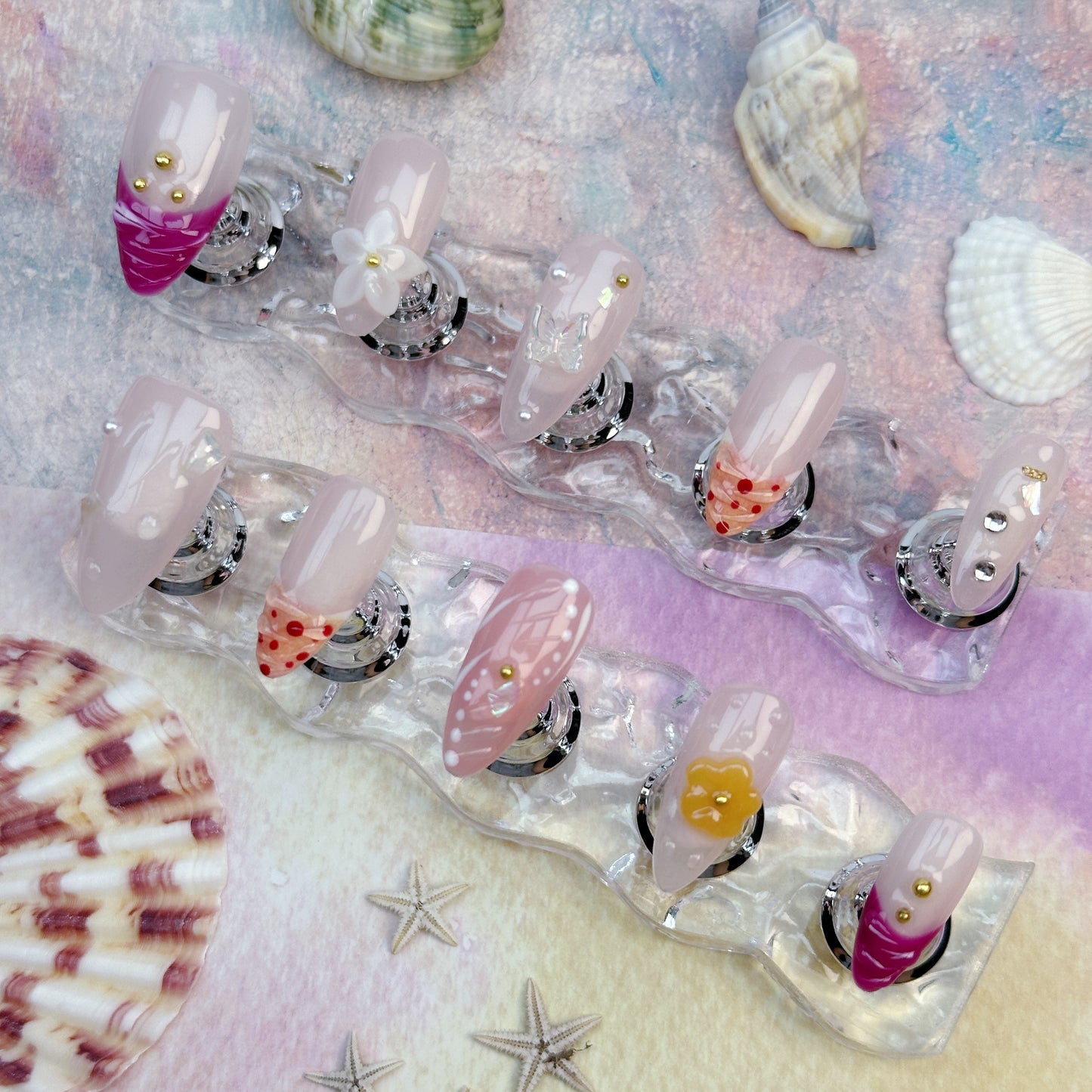 Peachy Bloom | Handmade Press-On Nails | Style No. A020 | Gradient French Tips, Floral & Fruit Accents, Reusable Nail Set