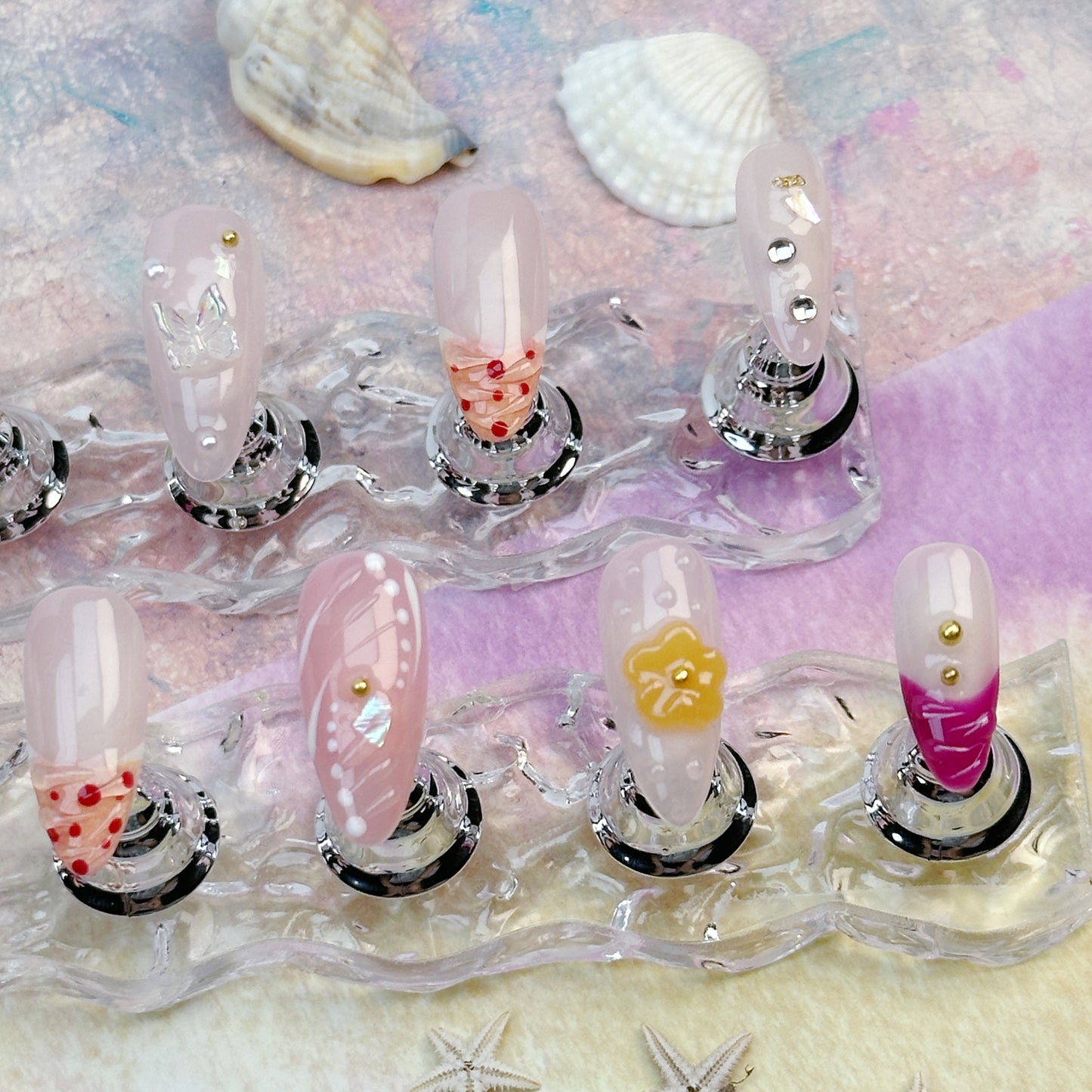 Peachy Bloom | Handmade Press-On Nails | Style No. A020 | Gradient French Tips, Floral & Fruit Accents, Reusable Nail Set