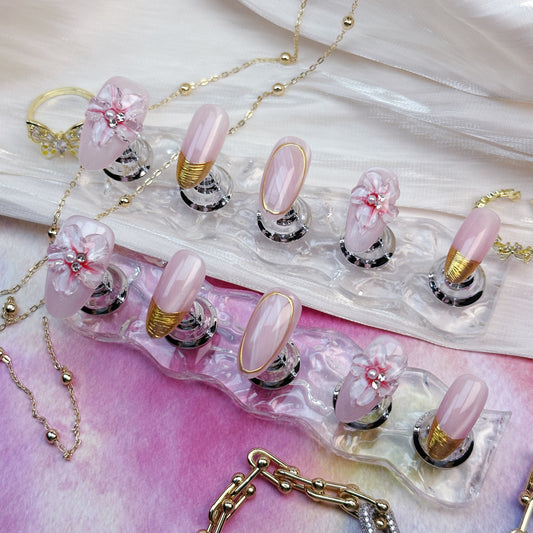 Petal Gold | Handmade Press-On Nails | Style No. A012 | Nude Pink with Gold Tips, 3D Floral Design, Reusable Nail Set