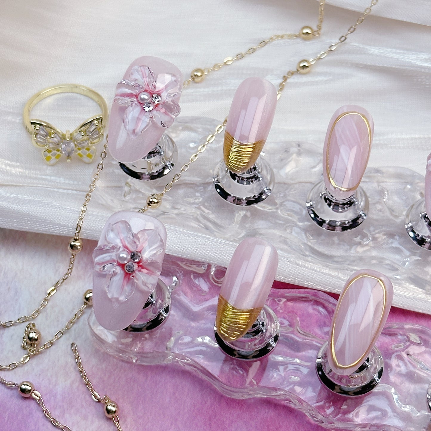 Petal Gold | Handmade Press-On Nails | Style No. A012 | Nude Pink with Gold Tips, 3D Floral Design, Reusable Nail Set