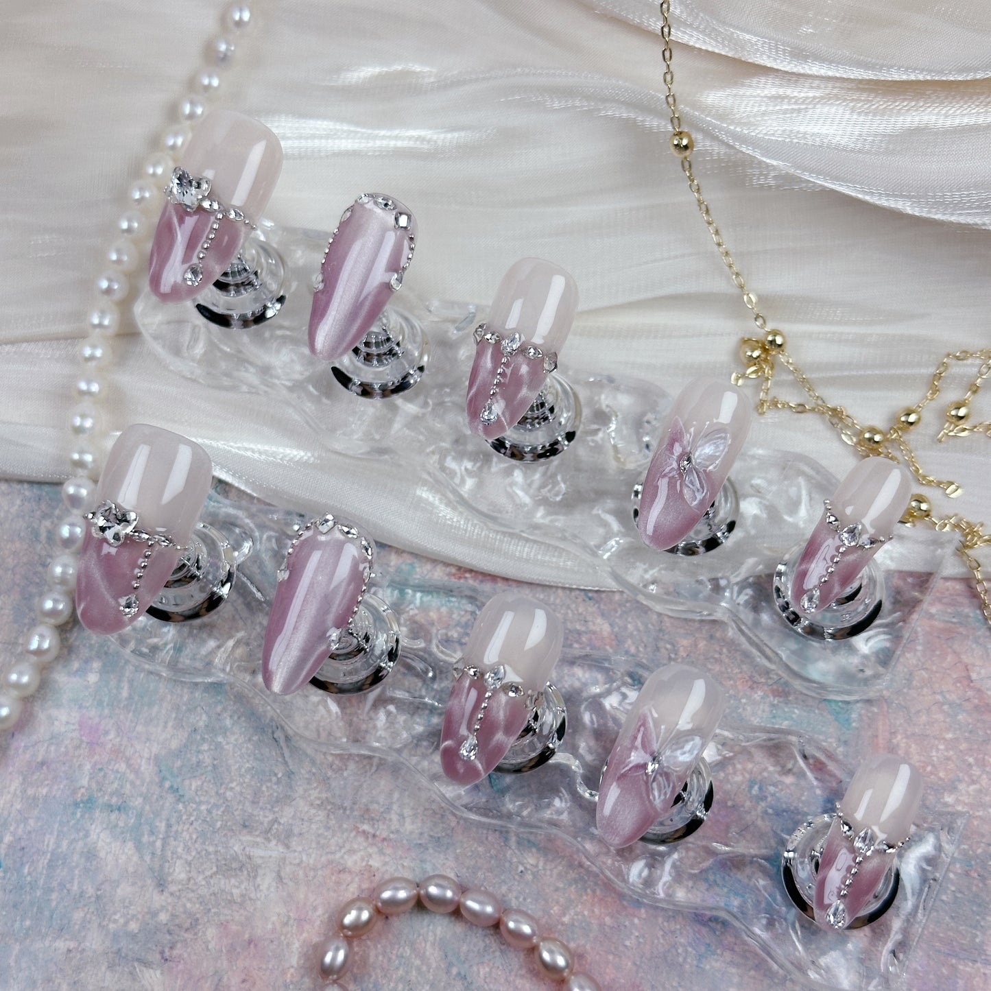 Rose Veil | Handmade Press-On Nails | Style No. A013 | Pink Marble, Rhinestone Chains, Butterfly Accents, Reusable Nail Set