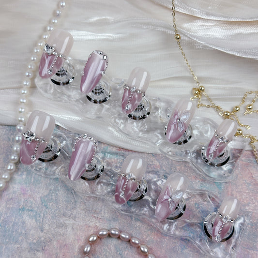 Rose Veil | Handmade Press-On Nails | Style No. A013 | Pink Marble, Rhinestone Chains, Butterfly Accents, Reusable Nail Set