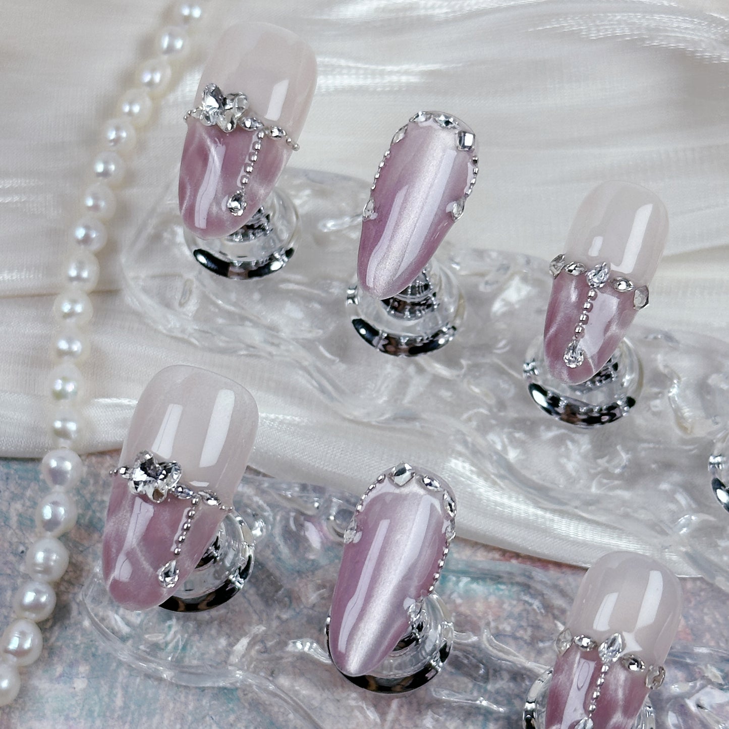 Rose Veil | Handmade Press-On Nails | Style No. A013 | Pink Marble, Rhinestone Chains, Butterfly Accents, Reusable Nail Set