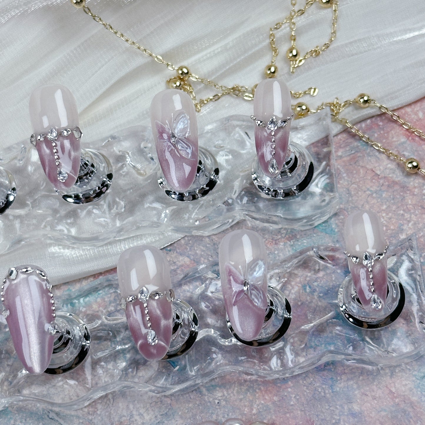 Rose Veil | Handmade Press-On Nails | Style No. A013 | Pink Marble, Rhinestone Chains, Butterfly Accents, Reusable Nail Set