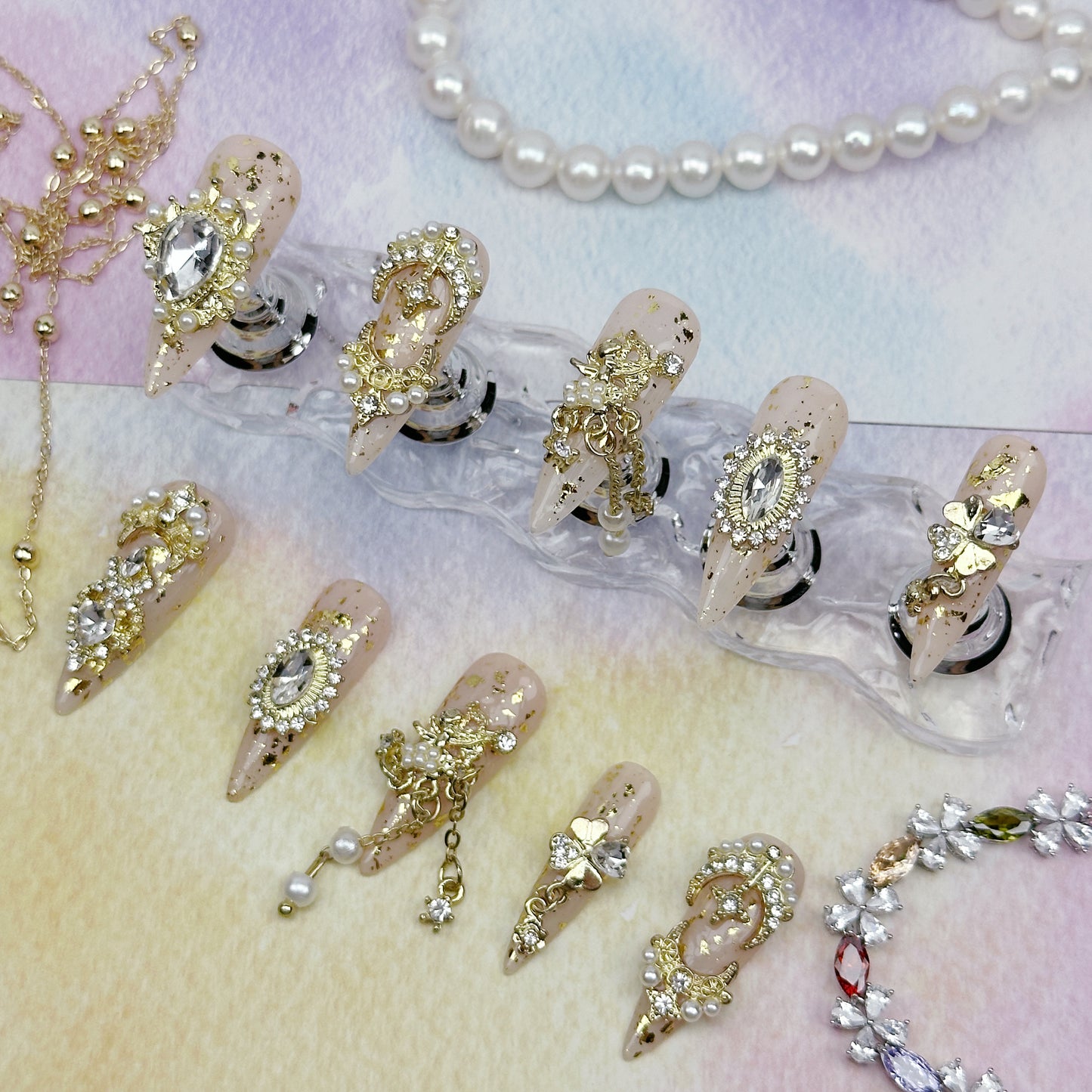 Royal Gem | Handmade Press-On Nails | Style No. A038| Nude Glitter Base, 3D Gold Chains & Rhinestones, Reusable Luxury Nail Set