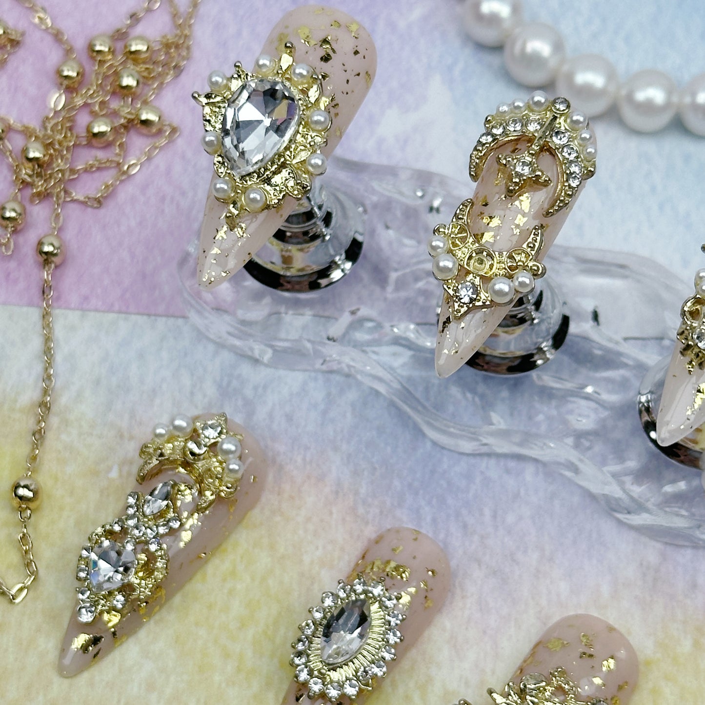 Royal Gem | Handmade Press-On Nails | Style No. A038| Nude Glitter Base, 3D Gold Chains & Rhinestones, Reusable Luxury Nail Set