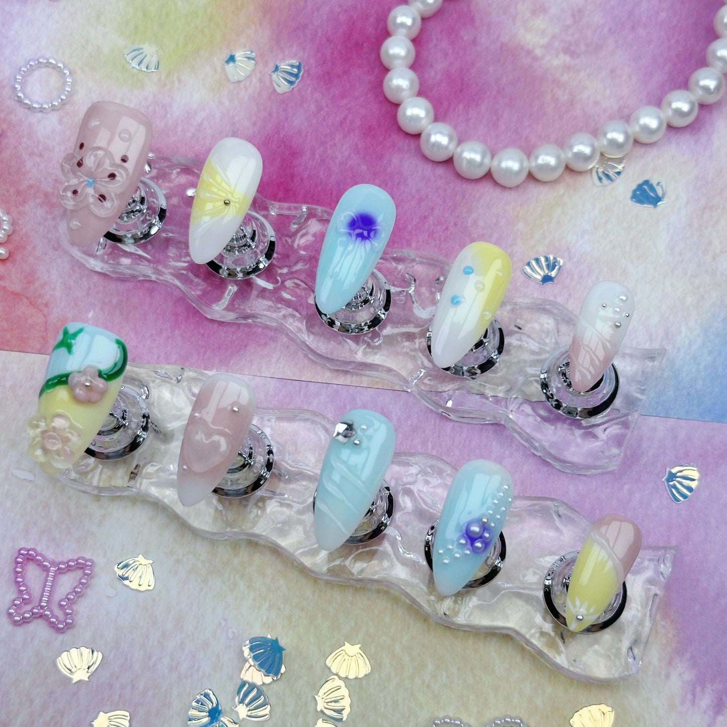 Pastel Picnic | Handmade Press-On Nails | Style No. G029 | Soft Color Block Design, 3D Floral & Crystal Accents, Reusable Spring Nail Set