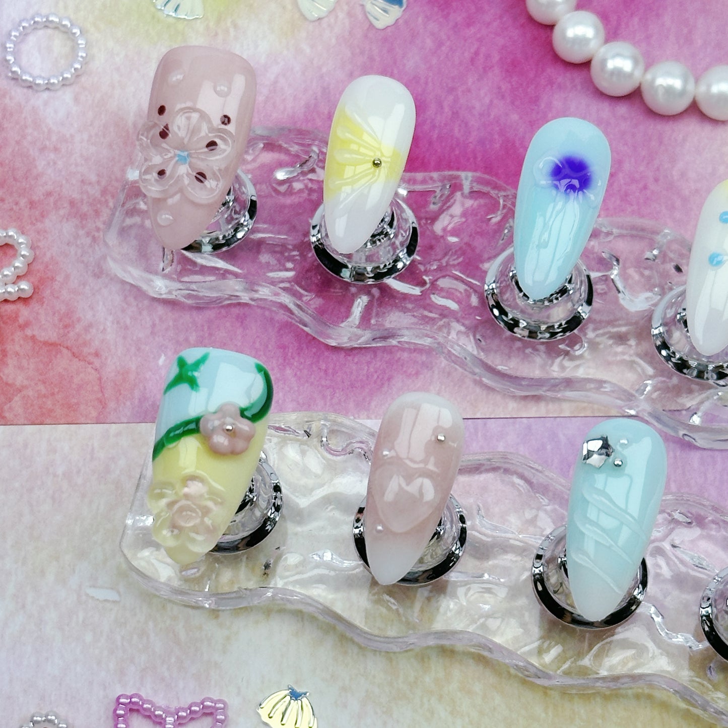 Pastel Picnic | Handmade Press-On Nails | Style No. G029 | Soft Color Block Design, 3D Floral & Crystal Accents, Reusable Spring Nail Set