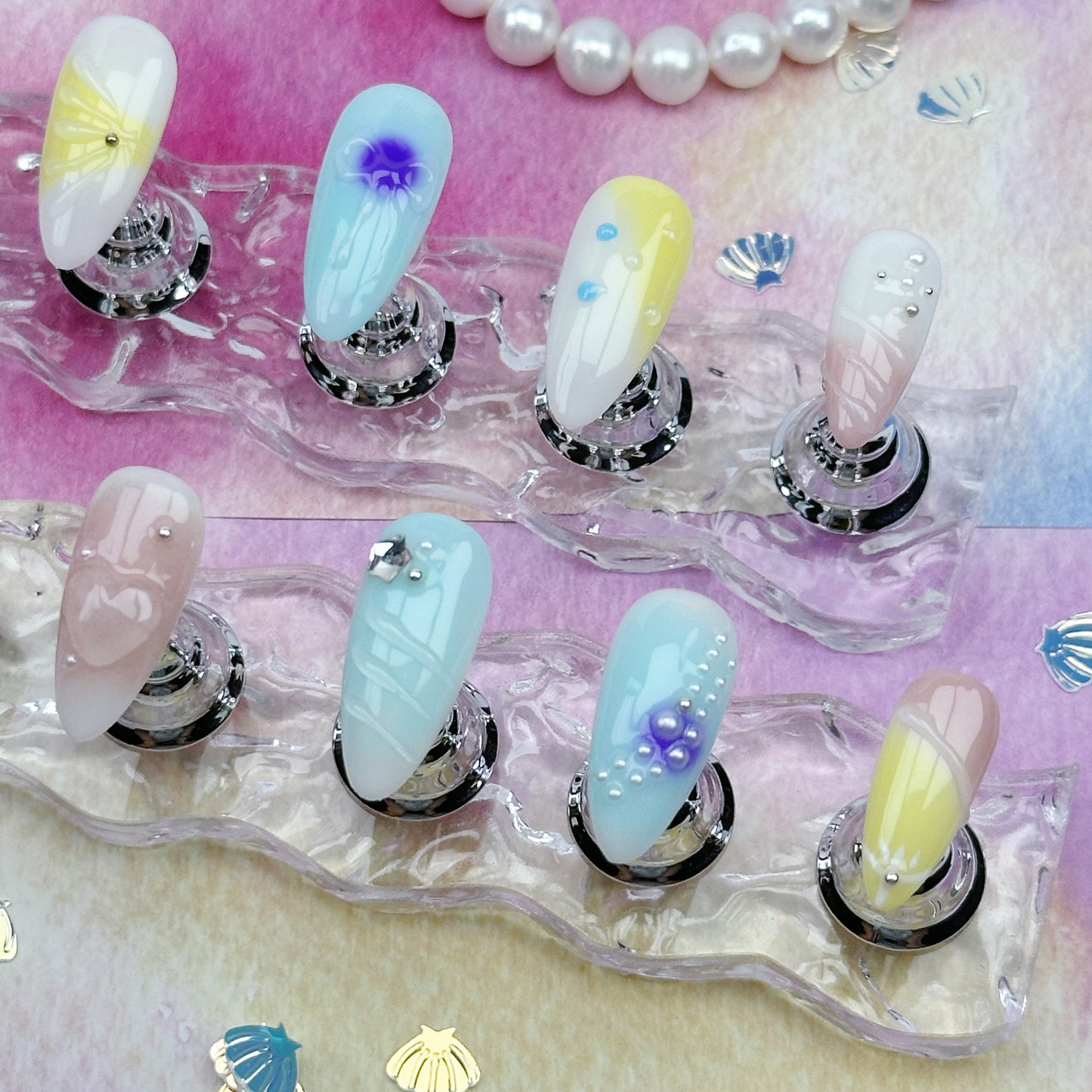 Pastel Picnic | Handmade Press-On Nails | Style No. G029 | Soft Color Block Design, 3D Floral & Crystal Accents, Reusable Spring Nail Set