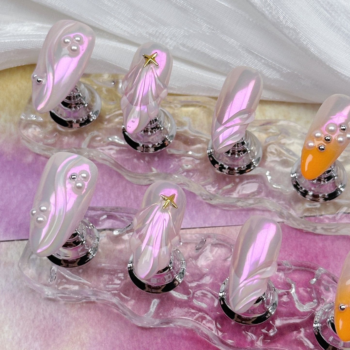 Pink Aurora | Handmade Press-On Nails | Style No. A030 | Iridescent Chrome Pink, Star & Stud Accents, Reusable Nail Set