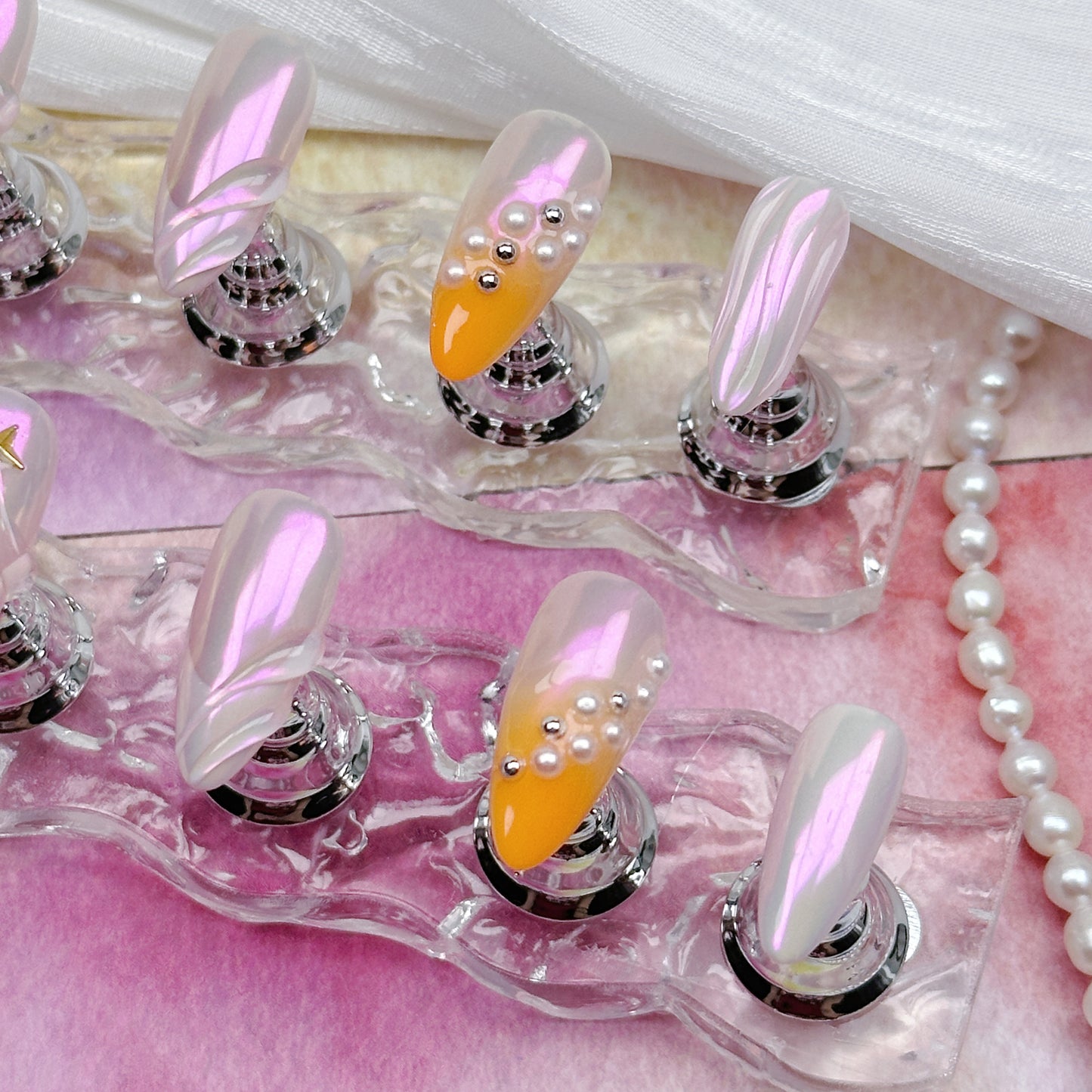 Pink Aurora | Handmade Press-On Nails | Style No. A030 | Iridescent Chrome Pink, Star & Stud Accents, Reusable Nail Set