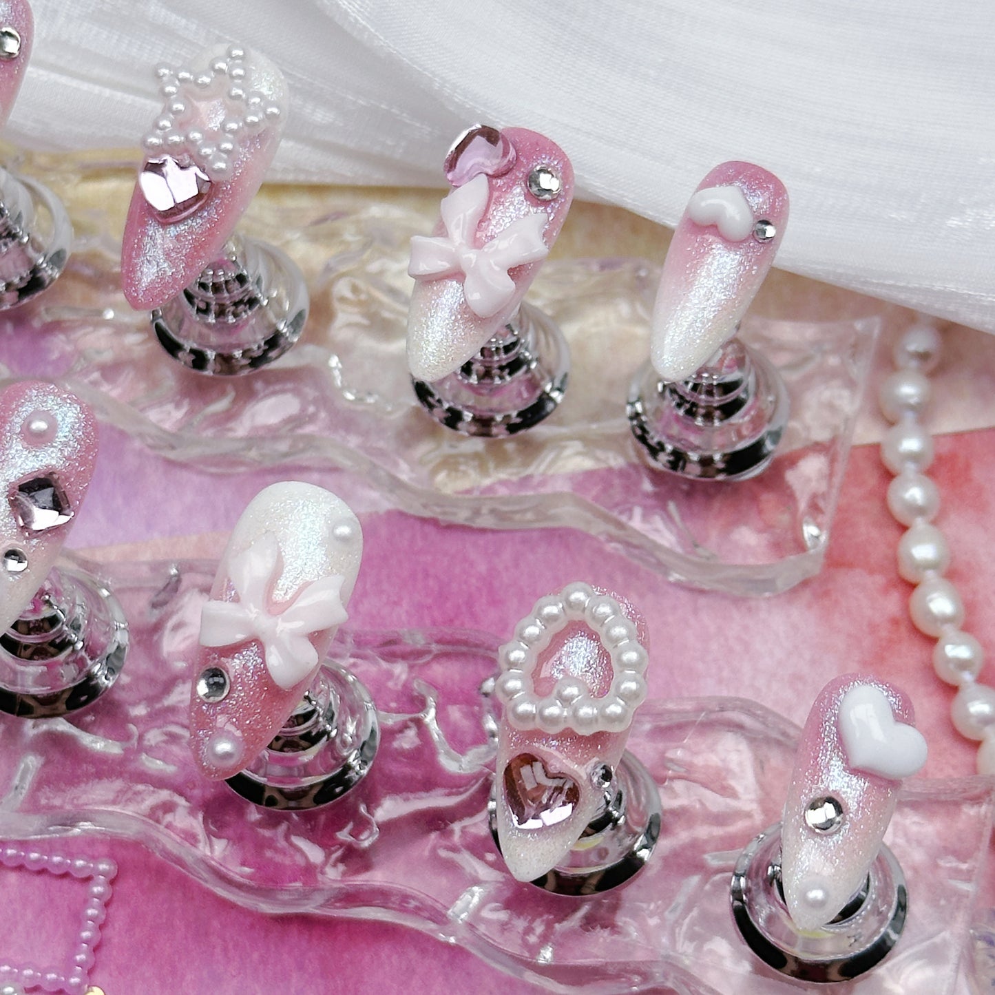 Sweetheart Glaze | Handmade Press-On Nails | Style No. A032 | Pink Glitter Gradient, 3D Hearts & Bows, Reusable Kawaii Nail Set