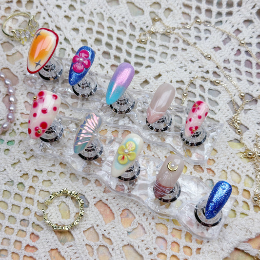 Tropic Vibes | Handmade Press-On Nails | Style No. H018| Sunset Gradient, Hibiscus Flowers & Palm Accents, Reusable Vacation Nail Set