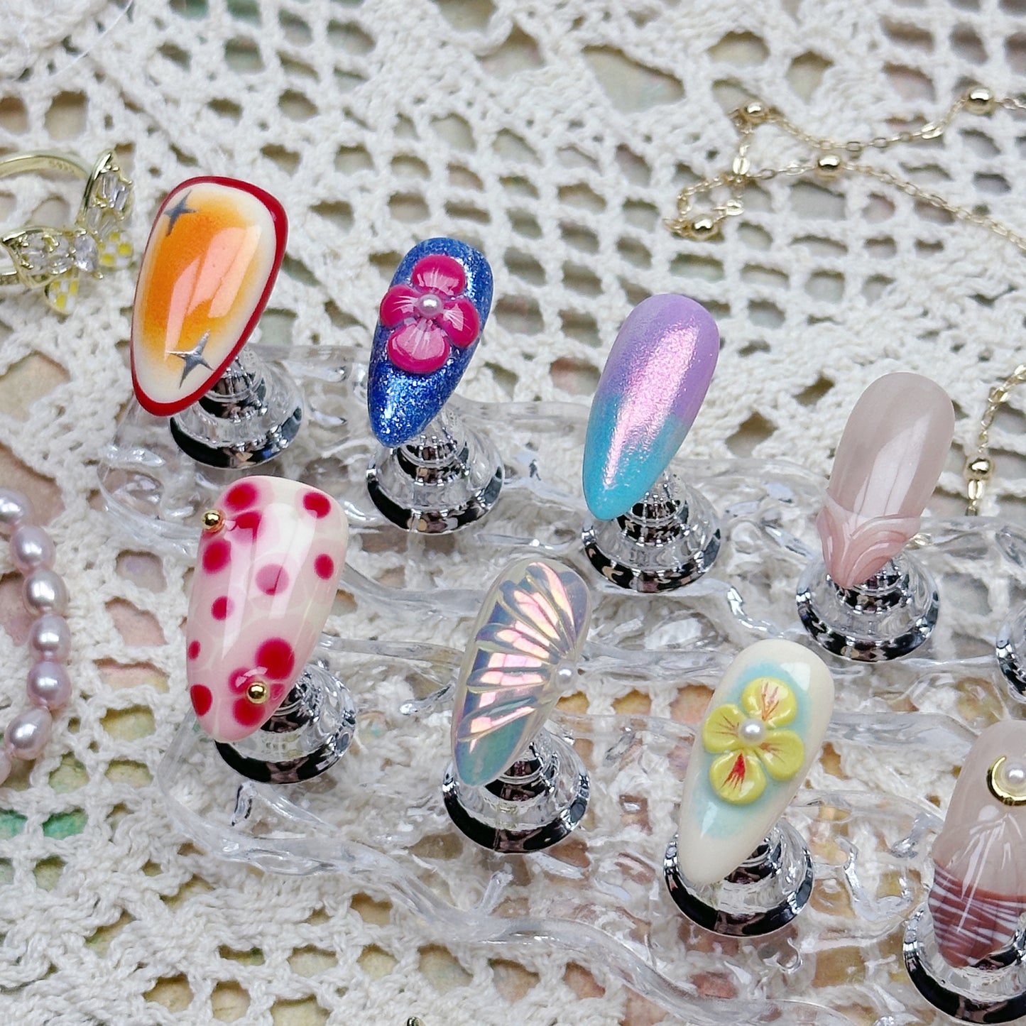 Tropic Vibes | Handmade Press-On Nails | Style No. H018| Sunset Gradient, Hibiscus Flowers & Palm Accents, Reusable Vacation Nail Set