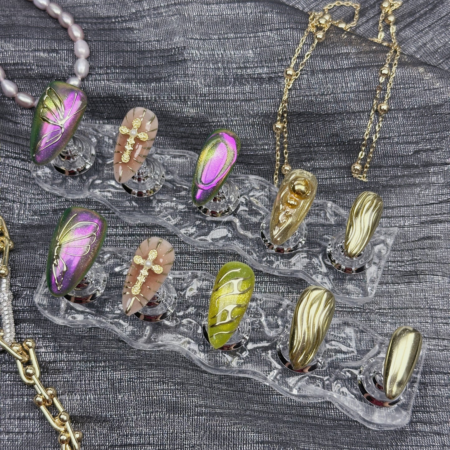 Venom Bloom | Handmade Press-On Nails | Style No. A033 | Chrome Gold & Chameleon Finish, 3D Floral & Cross Accents, Reusable Nail Set