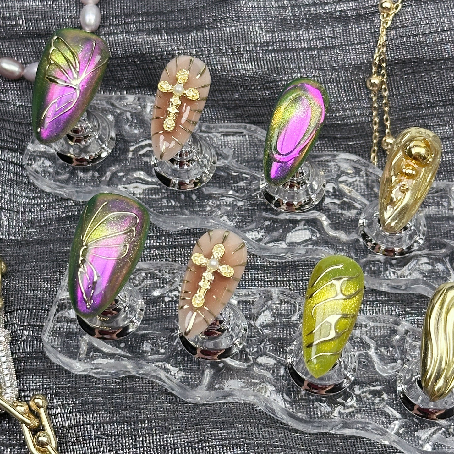 Venom Bloom | Handmade Press-On Nails | Style No. A033 | Chrome Gold & Chameleon Finish, 3D Floral & Cross Accents, Reusable Nail Set